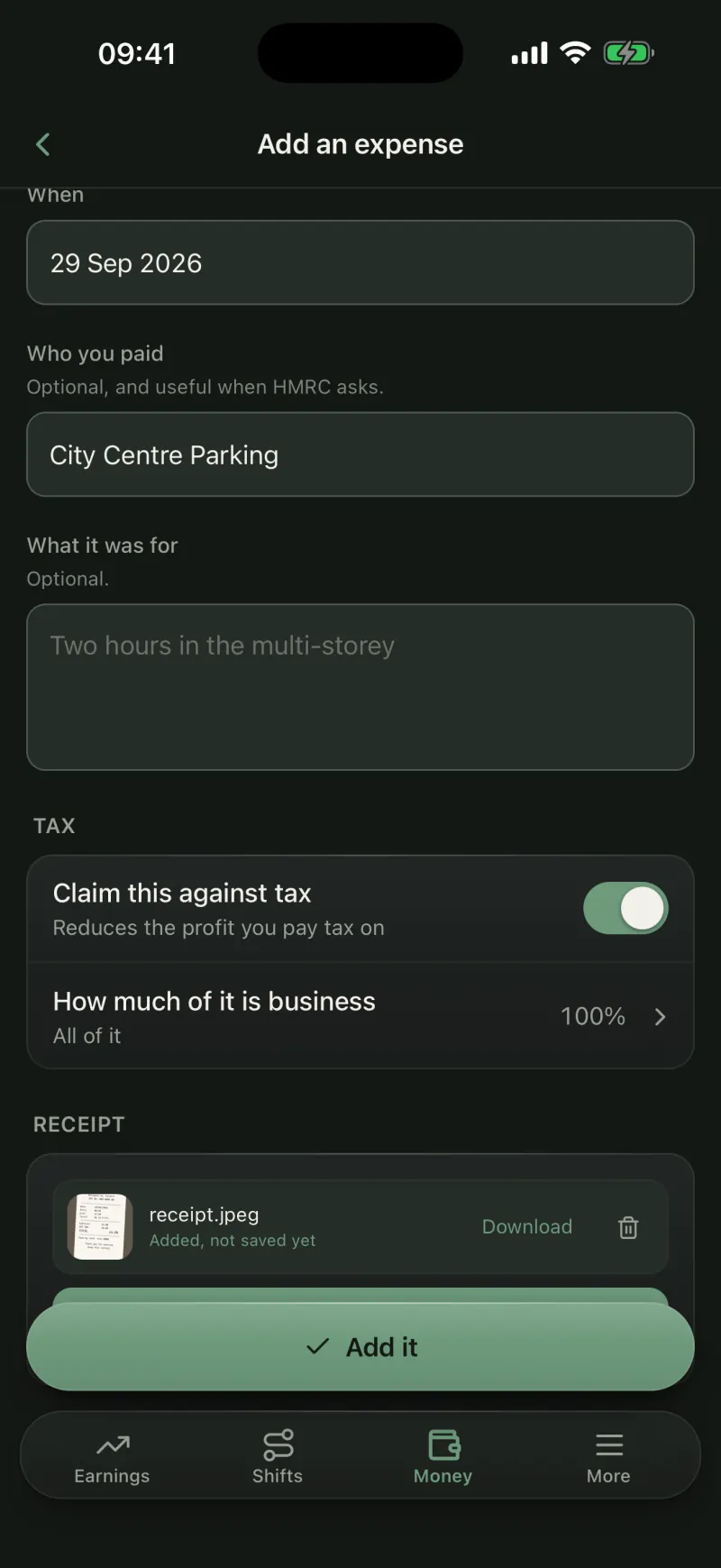 Adding a parking expense with the receipt photo attached.